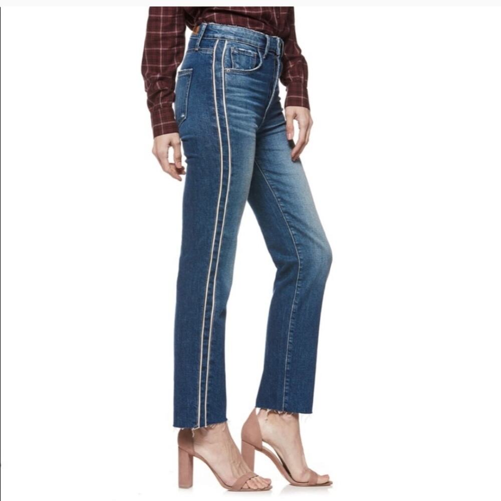 Paige Hoxton Stripe Jeans Size 26 High Waisted Straight Jeans Frayed Edge
